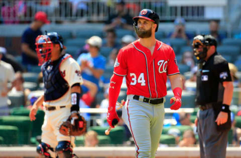 ATLANTA, GA – JUNE 03: Bryce Harper #34 of the Washington Nationals walks to the dugout after a strikeout during the eighth inning against the Atlanta Braves. (Photo by Daniel Shirey/Getty Images)