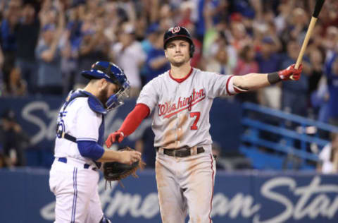 TORONTO, ON – JUNE 15: Trea Turner #7 of the Washington Nationals reacts after striking out for the final out of the game in the ninth inning during MLB game action as Russell Martin #55 of the Toronto Blue Jays records the final putout at Rogers Centre on June 15th, 2018 in Toronto, Canada. (Photo by Tom Szczerbowski/Getty Images)