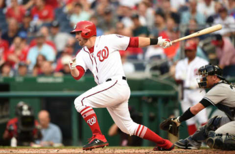 JUNE 18 – WASHINGTON, DC: Mark Reynolds #14 of the Washington Nationals grounds out scoring Anthony Rendon (not pictured) for teams first run in the second inning during game two of a doubleheader against the New York Yankees. (Photo by Mitchell Layton/Getty Images)