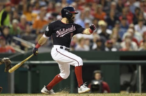 JUNE 19 – WASHINGTON, DC: Adam Eaton #2 of the Washington Nationals with a two-run RBI single to left scoring Trea Turner and Wilmer Difo (not pictured) in the fifth inning against the Baltimore Orioles at Nationals Park. (Photo by Patrick McDermott/Getty Images)