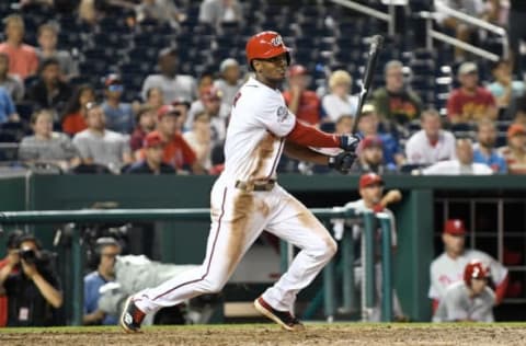 WASHINGTON, DC – JUNE 24TH: Michael Taylor #3 of the Washington Nationals drives in a run with a single in the ninth inning against the Philadelphia Phillies. (Photo Greg Fiume of Getty Images)