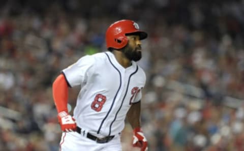 Brian Goodwin #8 of the Washington Nationals runs to first base against the Boston Red Sox at Nationals Park on July 3, 2018 in Washington, DC. (Photo by G Fiume/Getty Images)