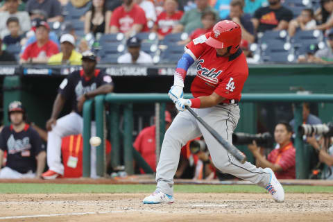 WASHINGTON, DC – JULY 15: Keibert Ruiz #7 of the Los Angeles Dodgers and the World Team bats against the U.S. Team during the SiriusXM All-Star Futures Game at Nationals Park on July 15, 2018 in Washington, DC. (Photo by Rob Carr/Getty Images)