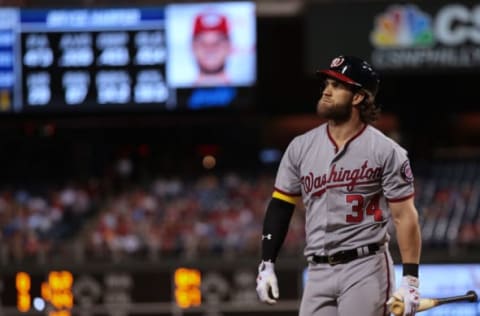 Bryce Harper of the Washington Nationals reacts to striking out against the Philadelphia Phillies during the third inning of a game at Citizens Bank Park on September 26, 2017, in Philadelphia, Pennsylvania. The Phillies defeated the Nationals 4-1. (Photo by Rich Schultz/Getty Images)