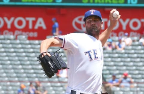 ARLINGTON, TX – JULY 01: Cole Hamels #35 of the Texas Rangers throws in the second inning against the Chicago White Sox at Globe Life Park in Arlington on July 1st, 2018, in Arlington, Texas. (Photo by Rick Yeatts/Getty Images)