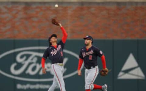 ATLANTA, GEORGIA – SEPTEMBER 19: CJ Abrams #5 of the Washington Nationals catches a pop out by Michael Harris II #23 of the Atlanta Braves in the second inning at Truist Park on September 19, 2022 in Atlanta, Georgia. (Photo by Kevin C. Cox/Getty Images)