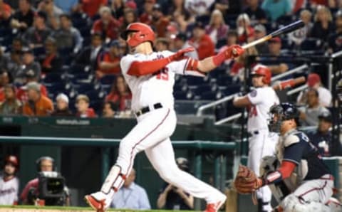 WASHINGTON, DC – SEPTEMBER 26: Joey Meneses #45 of the Washington Nationals takes a swing during a baseball game against the Atlanta Braves at Nationals Park on September 26, 2022 in Washington, DC. (Photo by Mitchell Layton/Getty Images)