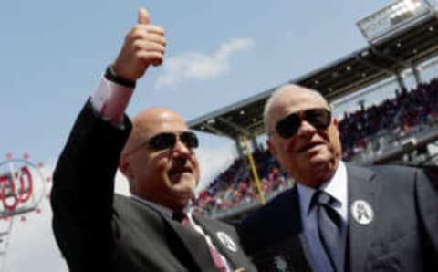 WASHINGTON, DC – APRIL 01: Washington Nationals General Manager Mike Rizzo (L) gives a thumbs up to the crowd with Nationals owner Ted Lerner while accepting an award for MLB Executive of the Year before the Opening Day game against the Miami Marlins at Nationals Park on Monday, April 1, 2013 in Washington, DC. (Photo by Win McNamee/Getty Images)