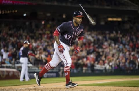 WASHINGTON, DC – APRIL 26: Howie Kendrick #47 of the Washington Nationals flips his bat after being walked against the San Diego Padres during the ninth inning at Nationals Park on April 26, 2019 in Washington, DC. (Photo by Scott Taetsch/Getty Images)