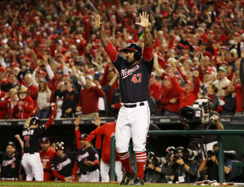 WASHINGTON, DC – OCTOBER 15: Howie  Kendrick #47 of the Washington Nationals celebrates a run by Ryan Zimmerman #11 in the first inning against the St. Louis Cardinals during game four of the National League Championship Series at Nationals Park on October 15, 2019 in Washington, DC. (Photo by Patrick Smith/Getty Images)