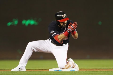 WASHINGTON, DC – OCTOBER 15: Adam  Eaton #2 of the Washington Nationals celebrates his double in the first inning against the St. Louis Cardinals during game four of the National League Championship Series at Nationals Park on October 15, 2019 in Washington, DC. (Photo by Patrick Smith/Getty Images)