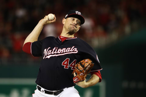 WASHINGTON, DC – OCTOBER 15: Daniel  Hudson #44 of the Washington Nationals delivers a pitch against the St. Louis Cardinals during game four of the National League Championship Series at Nationals Park on October 15, 2019 in Washington, DC. (Photo by Patrick Smith/Getty Images)