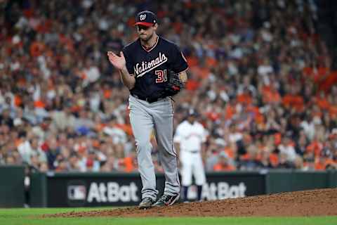 HOUSTON, TEXAS – OCTOBER 22: Max  Scherzer #31 of the Washington Nationals reacts after retiring the side in the fifth inning against the Houston Astros in Game One of the 2019 World Series at Minute Maid Park on October 22, 2019 in Houston, Texas. (Photo by Elsa/Getty Images)