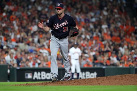 HOUSTON, TEXAS – OCTOBER 22: Max  Scherzer #31 of the Washington Nationals reacts after retiring the side in the fifth inning against the Houston Astros in Game One of the 2019 World Series at Minute Maid Park on October 22, 2019 in Houston, Texas. (Photo by Elsa/Getty Images)