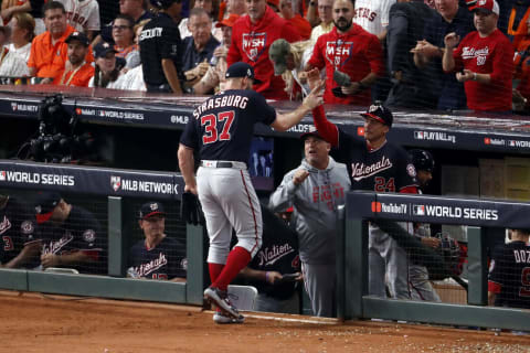 HOUSTON, TEXAS – OCTOBER 23: Stephen  Strasburg #37 of the Washington Nationals walks off the field after retiring the side against the Houston Astros during the seventh inning in Game Two of the 2019 World Series at Minute Maid Park on October 23, 2019 in Houston, Texas. (Photo by Tim Warner/Getty Images)