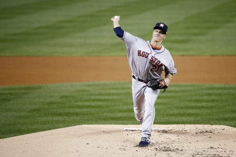 WASHINGTON, DC – OCTOBER 25: Zack  Greinke #21 of the Houston Astros delivers the pitch against the Washington Nationals during the first inning in Game Three of the 2019 World Series at Nationals Park on October 25, 2019 in Washington, DC. (Photo by Patrick Semansky – Pool/Getty Images)