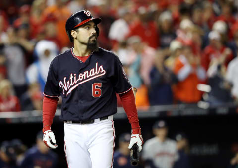 WASHINGTON, DC – OCTOBER 25: Anthony  Rendon #6 of the Washington Nationals reacts after flying out against the Houston Astros during the ninth inning in Game Three of the 2019 World Series at Nationals Park on October 25, 2019 in Washington, DC. (Photo by Rob Carr/Getty Images)