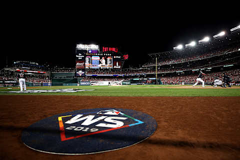 WASHINGTON, DC – OCTOBER 26: A view of the on deck circle featuring the World Series logo as Jose  Urquidy #65 of the Houston Astros pitches to Trea  Turner #7 of the Washington Nationals in Game Four of the 2019 World Series at Nationals Park on October 26, 2019 in Washington, DC. (Photo by Patrick Smith/Getty Images)