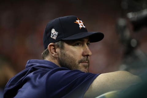 WASHINGTON, DC – OCTOBER 27: Justin  Verlander #35 of the Houston Astros looks on against the Washington Nationals prior to Game Five of the 2019 World Series at Nationals Park on October 27, 2019 in Washington, DC. (Photo by Patrick Smith/Getty Images)