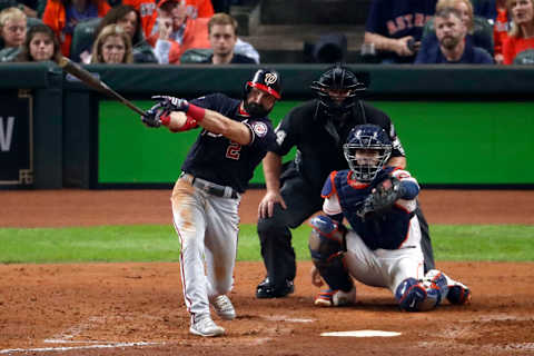 HOUSTON, TEXAS – OCTOBER 29: Adam  Eaton #2 of the Washington Nationals hits a solo home run against the Houston Astros during the fifth inning in Game Six of the 2019 World Series at Minute Maid Park on October 29, 2019 in Houston, Texas. (Photo by Tim Warner/Getty Images)