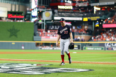 HOUSTON, TEXAS – OCTOBER 29: Stephen  Strasburg #37 of the Washington Nationals is taken out of the game against the Houston Astros during the ninth inning in Game Six of the 2019 World Series at Minute Maid Park on October 29, 2019 in Houston, Texas. (Photo by Mike Ehrmann/Getty Images)