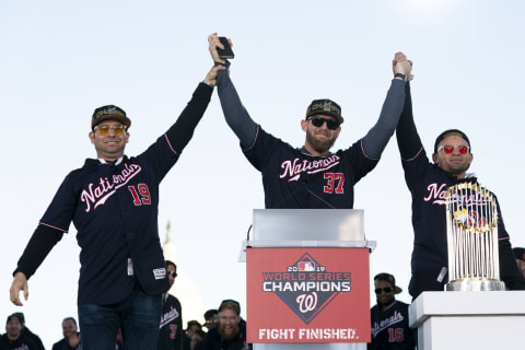 WASHINGTON, DC – NOVEMBER 02: Anibal Sanchez #19, Stephen Strasburg #37 and Gerardo Parra #88 of the Washington Nationals celebrate during a parade to celebrate the Washington Nationals World Series victory over the Houston Astros on November 2, 2019 in Washington, DC. This is the first World Series win for the Nationals in 95 years. (Photo by Patrick McDermott/Getty Images)