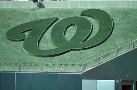 WASHINGTON, DC – JULY 26: The Washington Nationals logo in centerfield grass before a baseball game against the Los Angeles Dodgers at Nationals Park on July 26, 2019 in Washington, DC. (Photo by Mitchell Layton/Getty Images) *** Local Caption ***