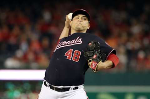 WASHINGTON, DC – OCTOBER 26: Javy Guerra #48 of the Washington Nationals delivers the pitch against the Houston Astros during the ninth inning in Game Four of the 2019 World Series at Nationals Park on October 26, 2019 in Washington, DC. (Photo by Patrick Smith/Getty Images)