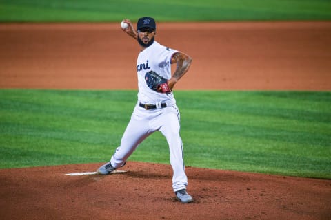 MIAMI, FLORIDA – JULY 09: Sandy Alcantara #22 of the Miami Marlins delivers a pitch during an intrasquad simulated game at Marlins Park on July 09, 2020 in Miami, Florida. (Photo by Mark Brown/Getty Images)