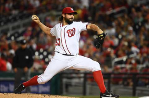 Apr 10, 2017; Washington, DC, USA; Washington Nationals starting pitcher Tanner Roark (57) throws to the St. Louis Cardinals during the fourth inning at Nationals Park. Mandatory Credit: Brad Mills-USA TODAY Sports