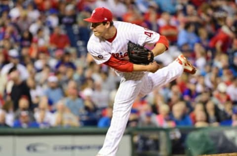 Apr 10, 2017; Philadelphia, PA, USA; Philadelphia Phillies starting pitcher Jerad Eickhoff (48) follows through on a pitch against the New York Mets at Citizens Bank Park. The Mets defeated the Phillies 4-3. Mandatory Credit: Eric Hartline-USA TODAY Sports