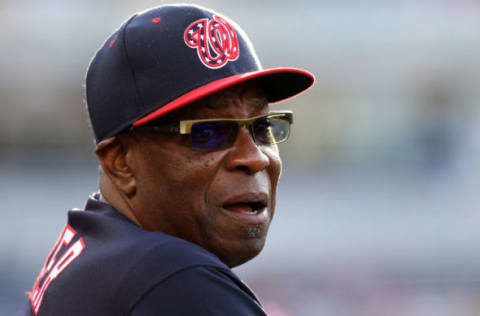 Apr 12, 2017; Washington, DC, USA; Washington Nationals manager Dusty Baker (12) looks on from the dugout against the St. Louis Cardinals in the seventh inning at Nationals Park. The Cardinals won 6-1. Mandatory Credit: Geoff Burke-USA TODAY Sports