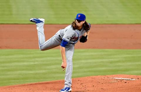 Apr 15, 2017; Miami, FL, USA; New York Mets starting pitcher Jacob deGrom delivers a pitch during the first inning against the Miami Marlins at Marlins Park. Mandatory Credit: Steve Mitchell-USA TODAY Sports