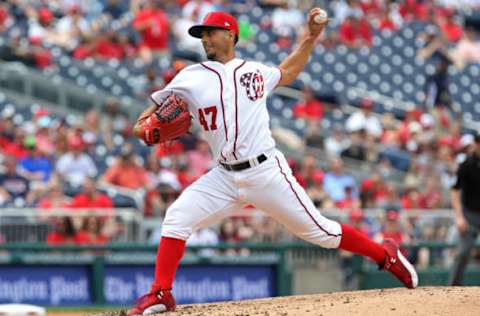 Apr 16, 2017; Washington, DC, USA; Washington Nationals starting pitcher Gio Gonzalez (47) pitches against the Philadelphia Phillies in the sixth inning at Nationals Park. The Nationals won 6-4. Mandatory Credit: Geoff Burke-USA TODAY Sports