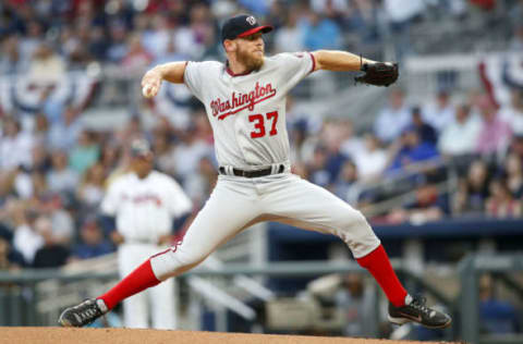 Apr 20, 2017; Atlanta, GA, USA; Washington Nationals starting pitcher Stephen Strasburg (37) throws a pitch against the Atlanta Braves in the first inning at SunTrust Park. Mandatory Credit: Brett Davis-USA TODAY Sports