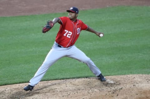 Apr 22, 2017; New York City, NY, USA; Washington Nationals relief pitcher Enny Romero (72) delivers a pitch during the ninth inning New York Mets at Citi Field. Washington Nationals won 3-1. Mandatory Credit: Anthony Gruppuso-USA TODAY Sports