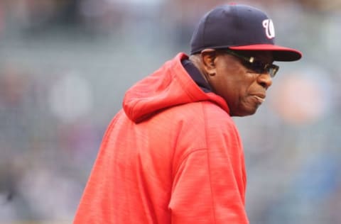 Apr 24, 2017; Denver, CO, USA; Washington Nationals manager Dusty Baker (12) before the game against the Colorado Rockies at Coors Field. Mandatory Credit: Chris Humphreys-USA TODAY Sports