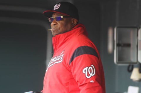 Apr 27, 2017; Denver, CO, USA; Washington Nationals manager Dusty Baker (12) in the dugout during the fourth inning against the Colorado Rockies at Coors Field. Mandatory Credit: Chris Humphreys-USA TODAY Sports