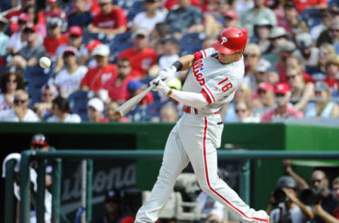 Sep 11, 2016; Washington, DC, USA; Philadelphia Phillies second baseman Cesar Hernandez (16) singles against the Washington Nationals during the eighth inning at Nationals Park. Mandatory Credit: Brad Mills-USA TODAY Sports