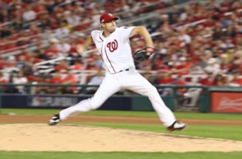 Oct 7, 2016; Washington, DC, USA;(EDITORS NOTE: Time exposure photo) Washington Nationals starting pitcher Max Scherzer (31) pitches against the Los Angeles Dodgers in the fourth inning during game one of the 2016 NLDS playoff baseball series at Nationals Park. Mandatory Credit: Geoff Burke-USA TODAY Sports