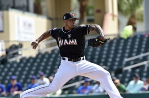 Feb 28, 2017; Jupiter, FL, USA; Miami Marlins relief pitcher A.J. Ramos (44) throws against the New York Mets during a spring training game at Roger Dean Stadium. Mandatory Credit: Steve Mitchell-USA TODAY Sports