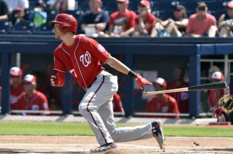 Mar 2, 2017; West Palm Beach, FL, USA; Washington Nationals shortstop Trea Turner (7) connects for a double during a spring training game against the Houston Astros at The Ballpark of the Palm Beaches. Mandatory Credit: Steve Mitchell-USA TODAY Sports