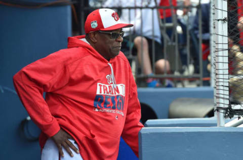 Mar 5, 2017; West Palm Beach, FL, USA; Washington Nationals manager Dusty Baker (12) looks on from the dugout prior to the game against the Minnesota Twins at The Ballpark of the Palm Beaches. Mandatory Credit: Jasen Vinlove-USA TODAY Sports