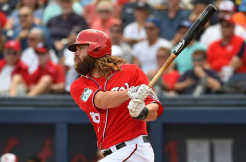 Mar 13, 2017; West Palm Beach, FL, USA; Washington Nationals left fielder Jayson Werth (28) bats against the Detroit Tigers during a spring training game at The Ballpark of the Palm Beaches. Mandatory Credit: Jasen Vinlove-USA TODAY Sports