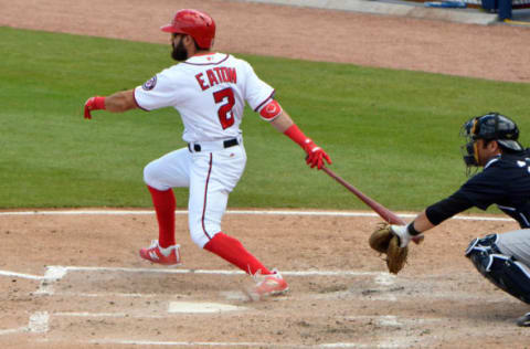 Mar 20, 2017; West Palm Beach, FL, USA; Washington Nationals center fielder Adam Eaton (2) connects for an RBI single during a spring training game against the New York Yankees at The Ballpark of the Palm Beaches. Mandatory Credit: Steve Mitchell-USA TODAY Sports