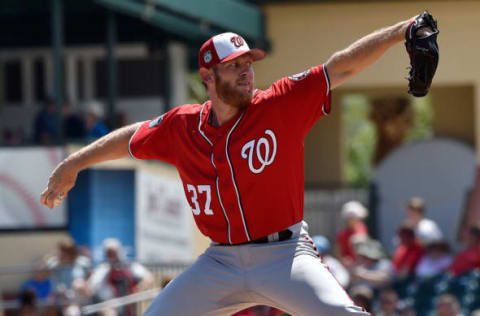 Mar 29, 2017; Jupiter, FL, USA; Washington Nationals starting pitcher Stephen Strasburg (37) delivers a pitch in the third inning during a spring training game against the St. Louis Cardinals at Roger Dean Stadium. Mandatory Credit: Steve Mitchell-USA TODAY Sports