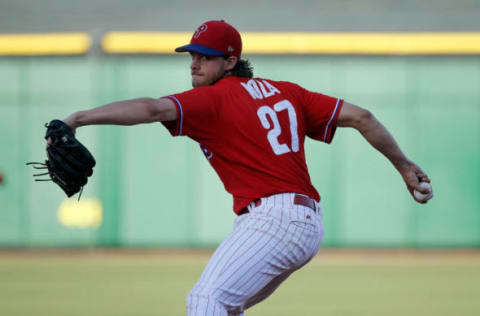 Mar 28, 2017; Clearwater, FL, USA; Philadelphia Phillies starting pitcher Aaron Nola (27) throws a pitch during the first inning against the Toronto Blue Jays at Spectrum Field. Mandatory Credit: Kim Klement-USA TODAY Sports