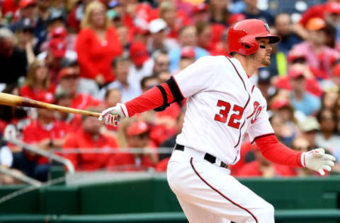 Apr 3, 2017; Washington, DC, USA; Washington Nationals catcher Matt Wieters (32) hits a single against the Miami Marlins during the seventh inning at Nationals Park. Washington Nationals won 4 – 2. Mandatory Credit: Brad Mills-USA TODAY Sports