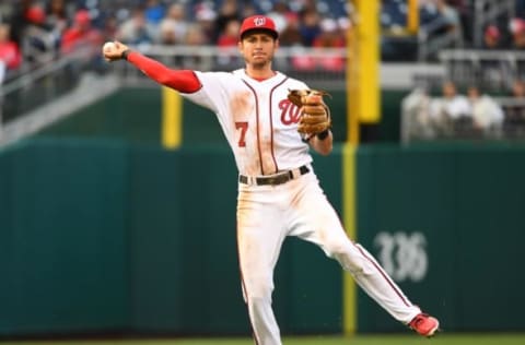 Apr 6, 2017; Washington, DC, USA; Washington Nationals shortstop Trea Turner (7) throws to first against the Miami Marlins during the fourth inning at Nationals Park. Mandatory Credit: Brad Mills-USA TODAY Sports