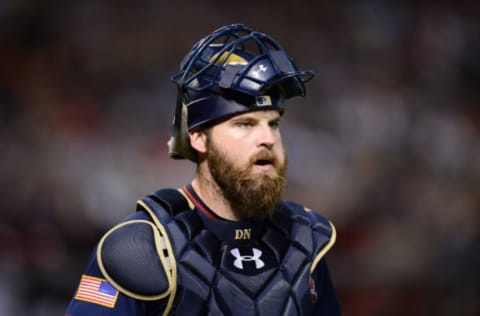 Jul 4, 2016; Phoenix, AZ, USA; San Diego Padres catcher Derek Norris (3) looks on during the third inning against the Arizona Diamondbacks at Chase Field. Mandatory Credit: Joe Camporeale-USA TODAY Sports